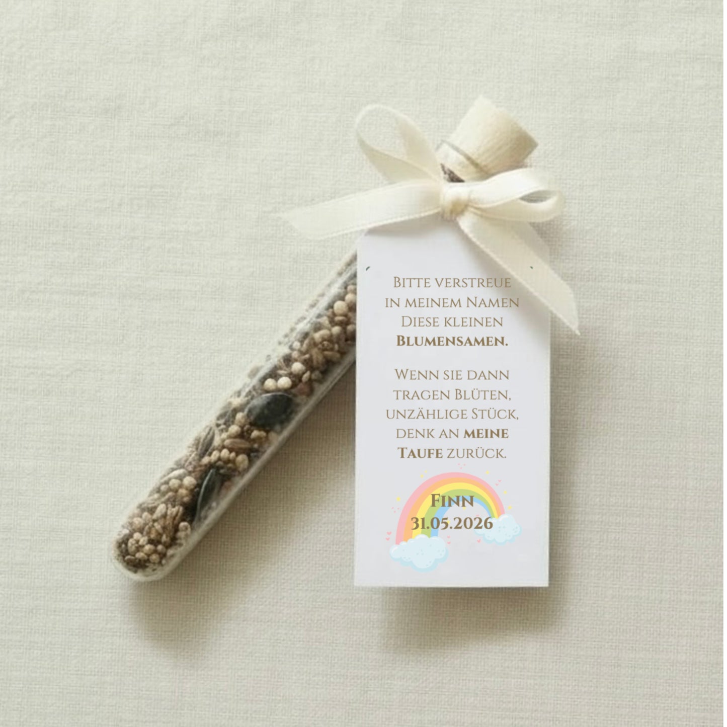 Personalisierte Gastgeschenke Blumensamen im Reagenzglas aus Acryl mit Regenbogen Motiv zur Taufe, Kommunion oder zum Kindergeburtstag