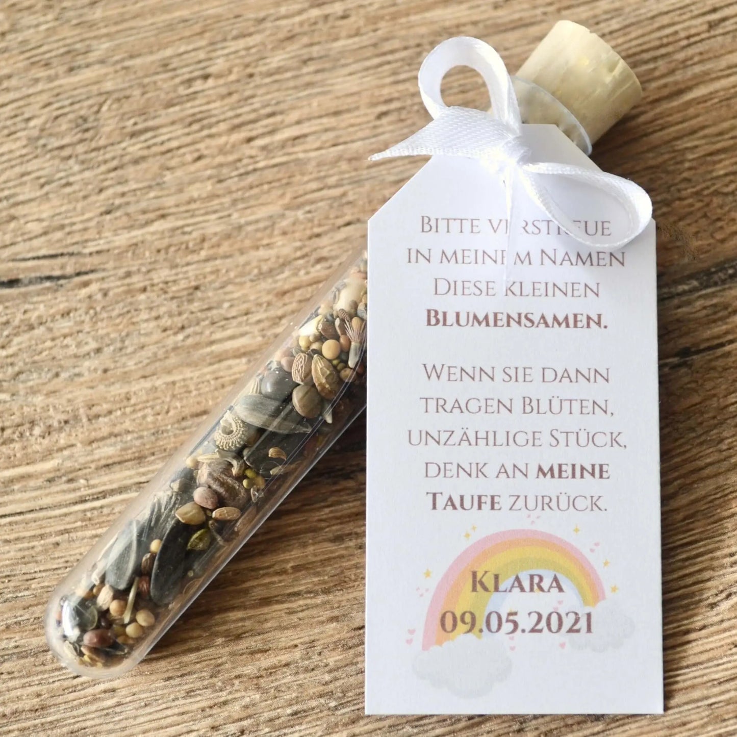Personalisierte Gastgeschenke Blumensamen Regenbogenmotiv