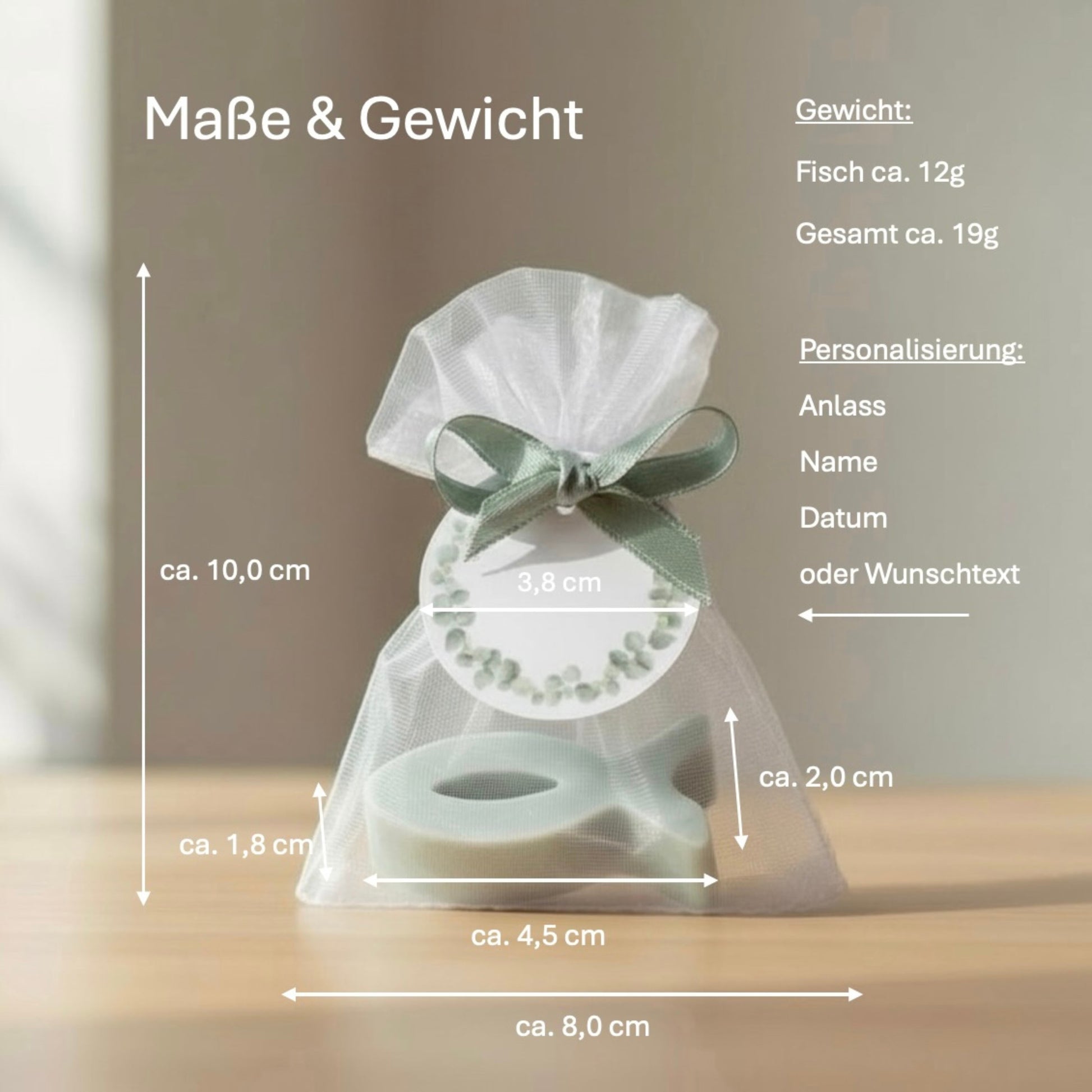 Personalisierte Gastgeschenke | Fisch Seife | Eukalyptus Motiv | Maßtabelle  