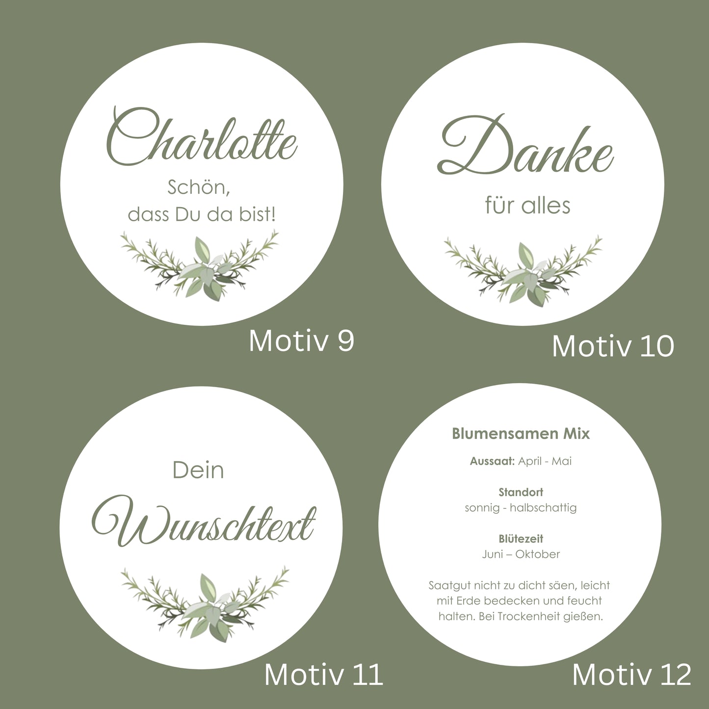 Personalisierte Blumensamen als Gastgeschenk mit Wunschtext, Dankesmotiv und Rückseite mit Aussaatanleitung