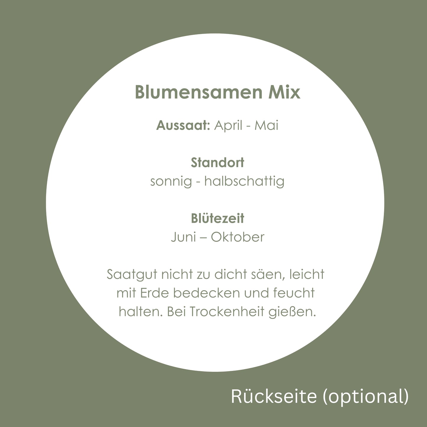 Rückseite eines Blumensamen Gastgeschenks mit Aussaatzeit, Standort und Blütezeit übersichtlich dargestellt