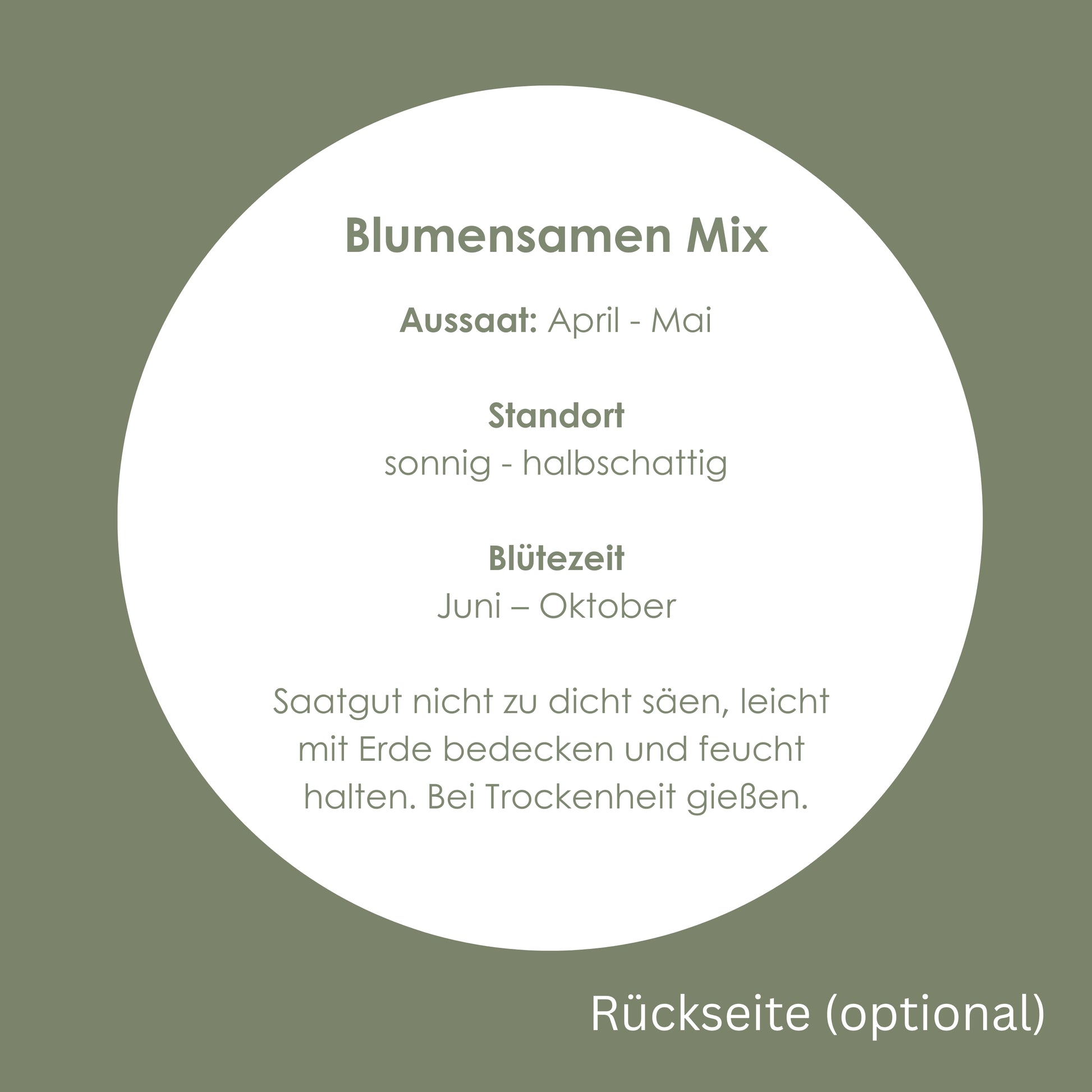 Rückseite eines Blumensamen Gastgeschenks mit Aussaatzeit, Standort und Blütezeit übersichtlich dargestellt