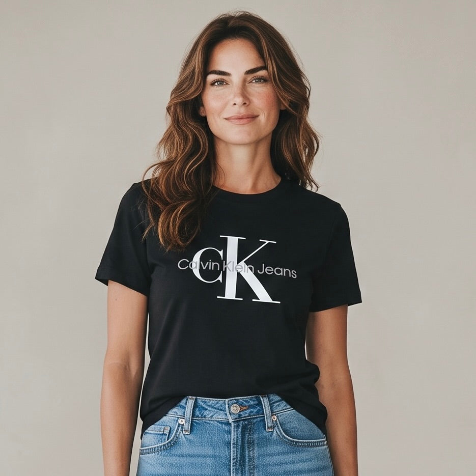 Original Calvin Klein Jeans Damen T-Shirt in schwarz mit ikonischem CK Logo-Print. Sorgfältig ausgewählte Premium-Second-Hand-Mode von Velvet Design