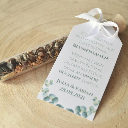Personalisiertes Gastgeschenk mit Blumensamen im Reagenzglas – nachhaltig, individuell mit Namensanhänger länglich