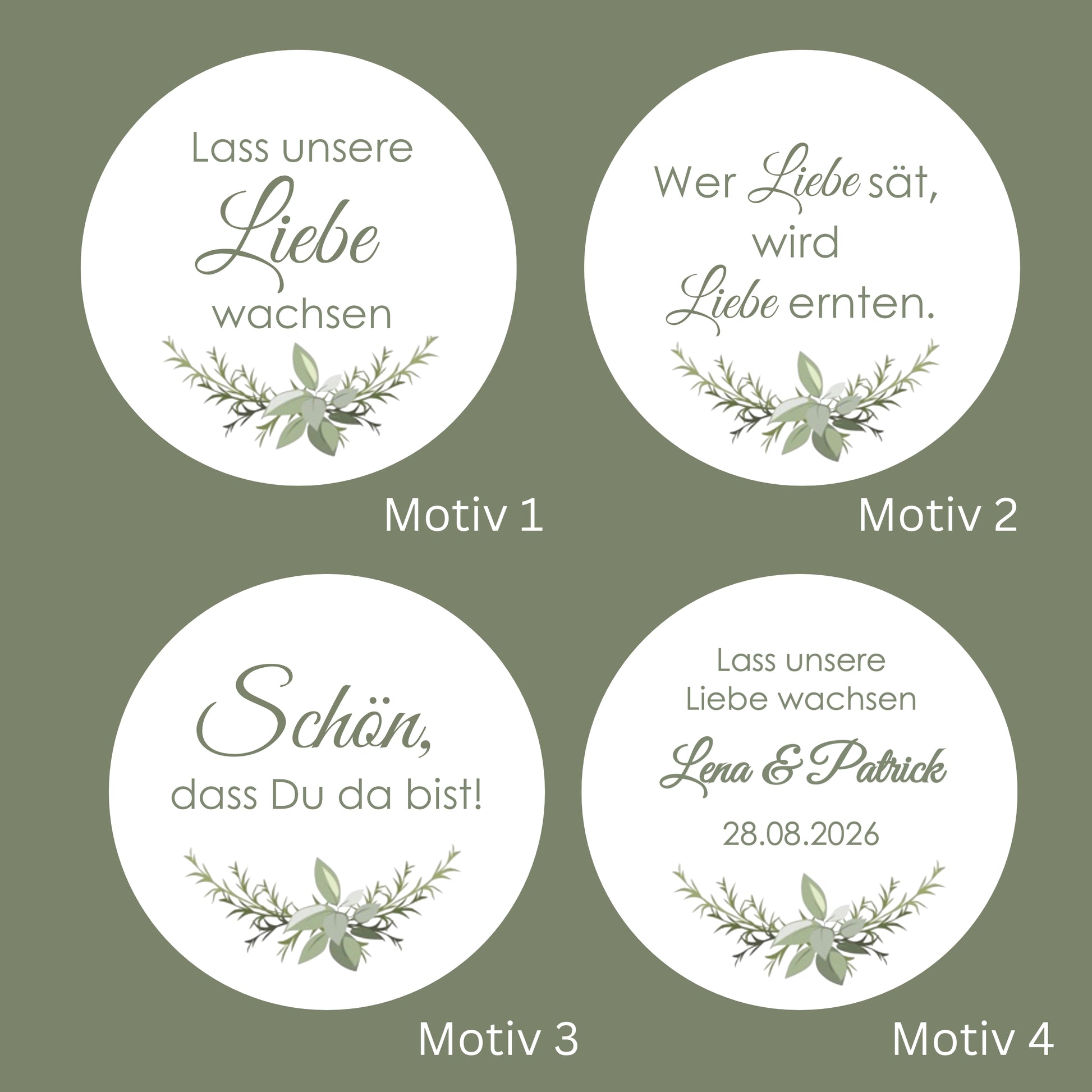 Personalisierte Blumensamen als Gastgeschenk zur Hochzeit mit verschiedenen runden Etiketten und Sprüchen in Grün-Weiß