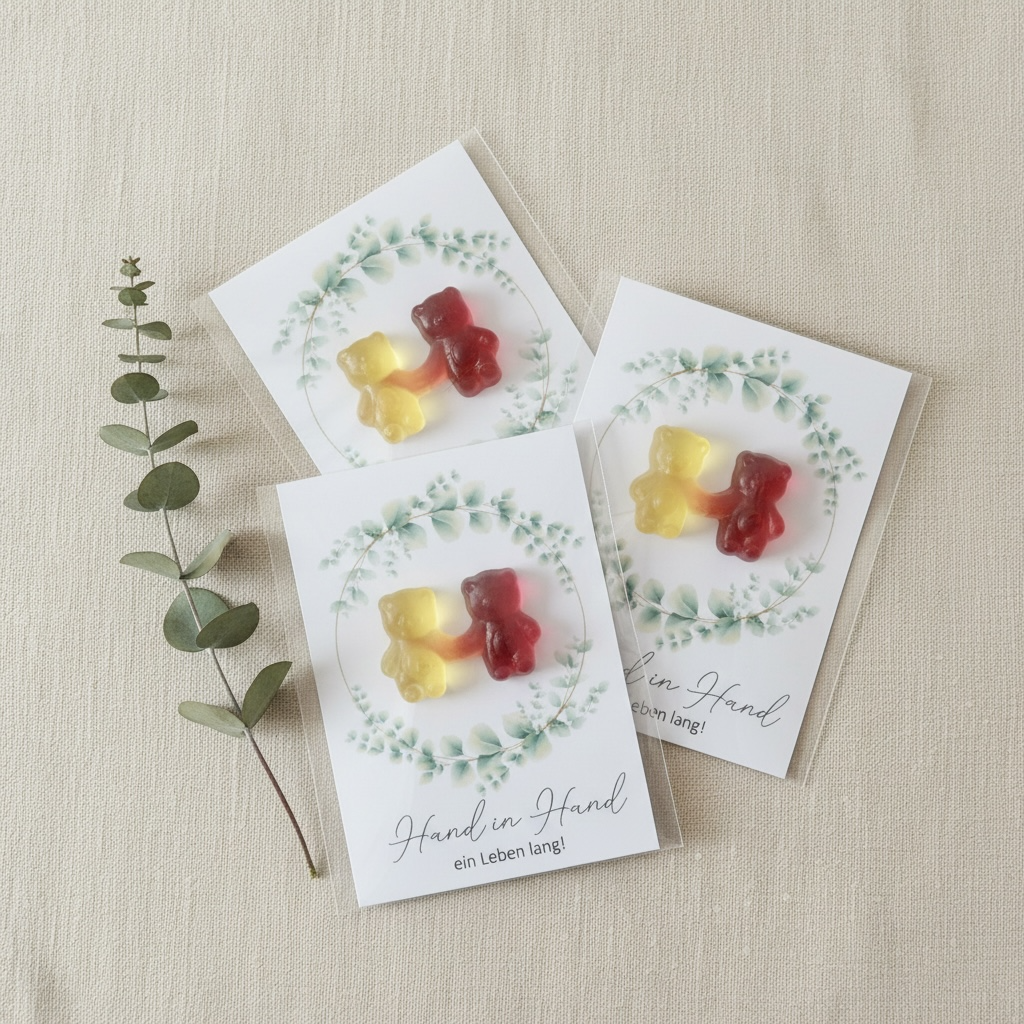 Personalisiertes Gastgeschenk zur Hochzeit mit Fruchtgummi-Bären, Bärchen Pärchen, individueller Namenskarte und Eukalyptus-Design – liebevoll handgefertigt von Velvet Design. Gesamtansicht. Ansicht Farbe gelb-lila