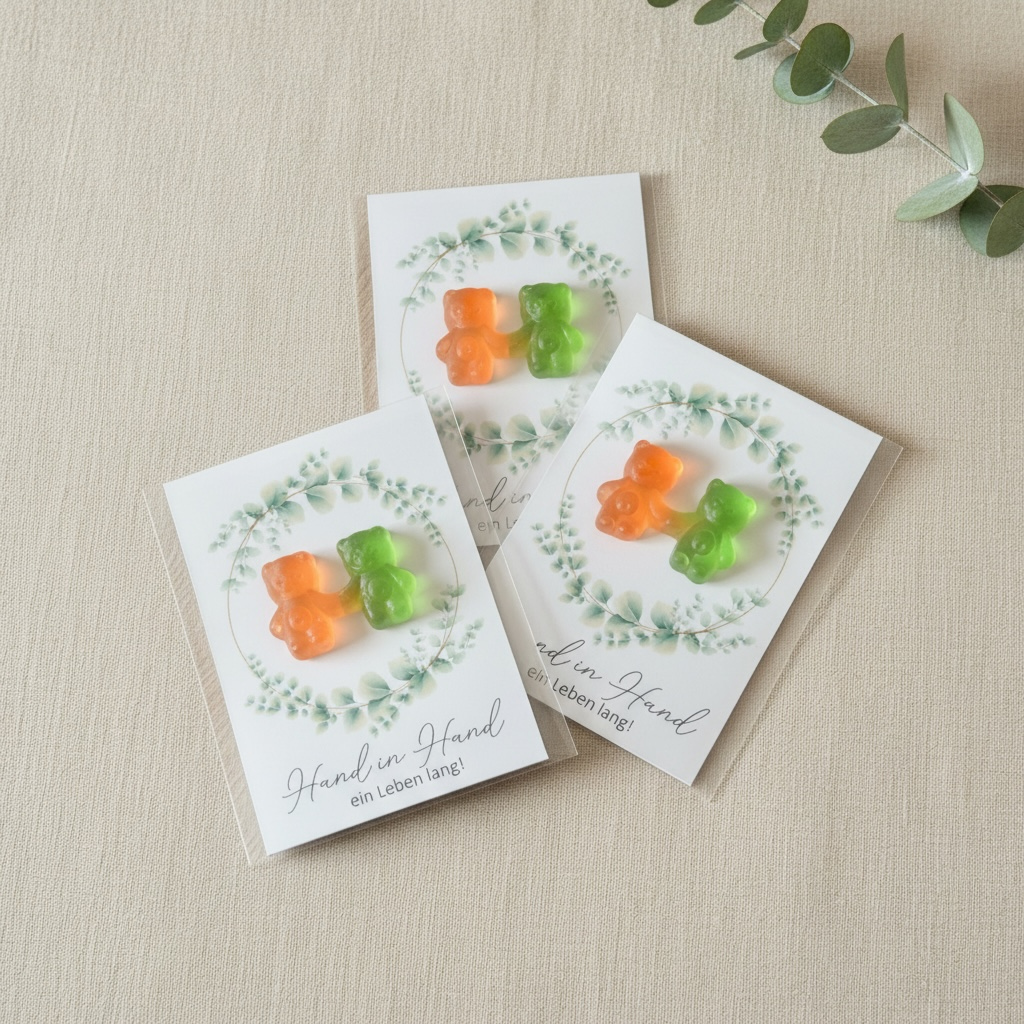 Personalisiertes Gastgeschenk zur Hochzeit mit Fruchtgummi-Bären, Bärchen Pärchen, individueller Namenskarte und Eukalyptus-Design – liebevoll handgefertigt von Velvet Design. Gesamtansicht. Ansicht Farbe orange-grün