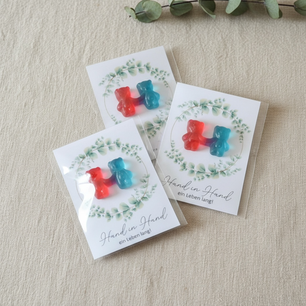 Personalisiertes Gastgeschenk zur Hochzeit mit Fruchtgummi-Bären, Bärchen Pärchen, individueller Namenskarte und Eukalyptus-Design – liebevoll handgefertigt von Velvet Design. Gesamtansicht. Ansicht Farbe blau-rot