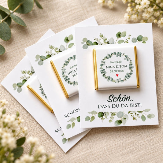 Personalisierte Schokolade mit Karte und Eukalyptus Motiv - als Gastgeschenk zur Hochzeit, Taufe, Kommunion oder Konfirmation