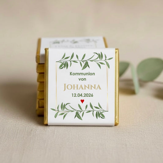 Personalisiertes Gastgeschenk aus Vollmilch-Schokolade im Boho-Eukalyptus-Design