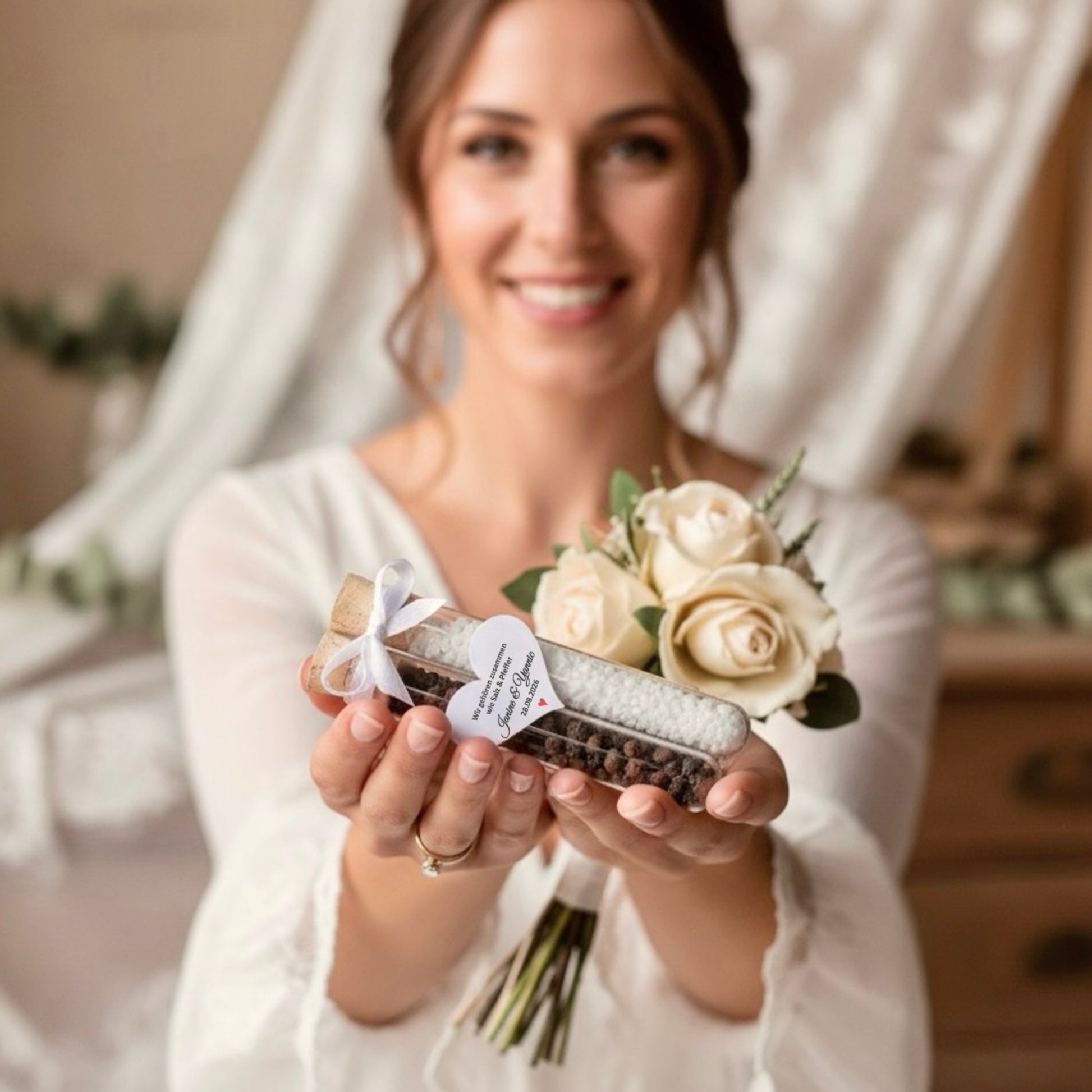 Braut hält elegantes Hochzeitsgastgeschenk im Reagenzglas mit Salz und Pfeffer, dekoriert mit Schleife und Namensanhänger