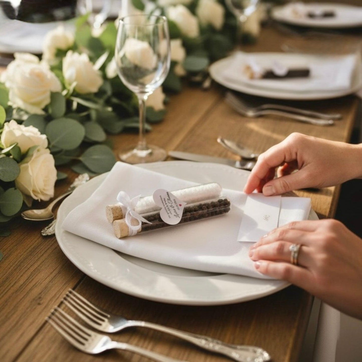 Hochzeitsgastgeschenk Salz und Pfeffer im Reagenzglas als Tischdekoration auf festlich gedecktem Hochzeitstisch