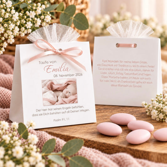 Taufmandeln mit personalisierter Kartonage rosa Schleife & Highlights