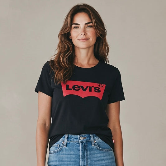 Original Levi's Damen T-Shirt in Schwarz mit rotem Batwing Logo. Hochwertige Premium-Second-Hand-Mode, sorgfältig ausgewählt von Velvet Design.