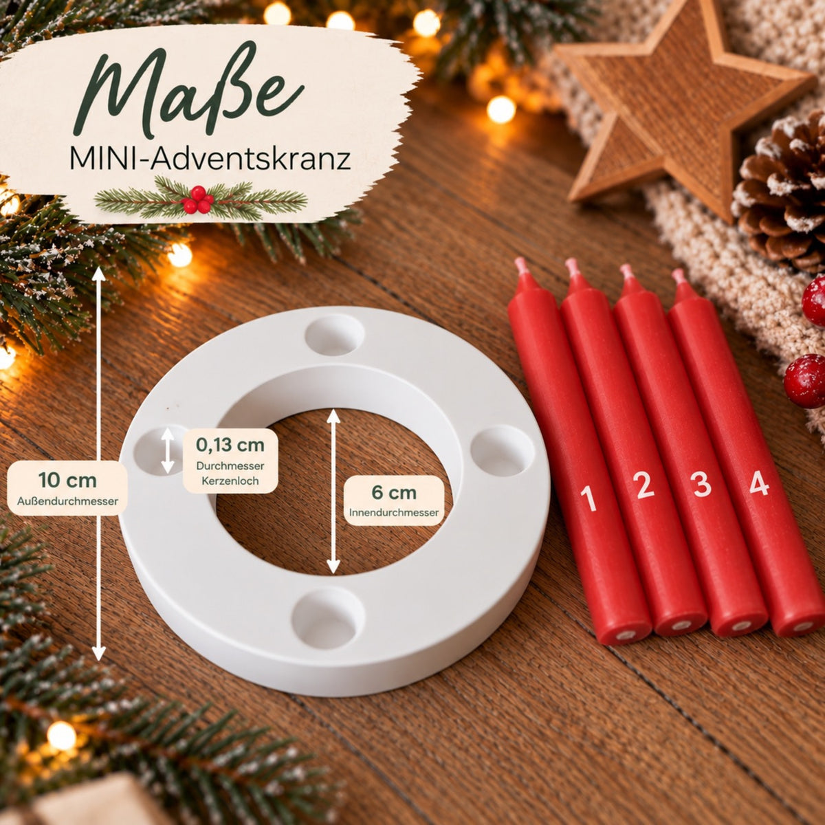 MINI Adventskranz to go in weiss und 4 Kerzen in Wunschfarbe. Hier wird die Größe genau angezeigt.