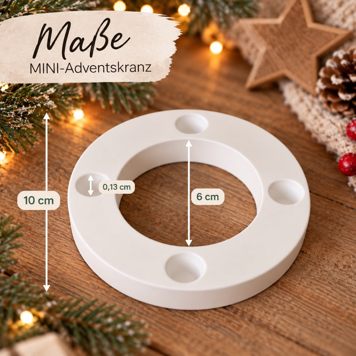 MINI Adventskranz to go in weiss. Hier wird die Größe genau angezeigt.