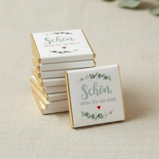 Gastgeschenke personalisierte Schokolade mit Eukalyptus Motiv - Schön, dass Du da bist!