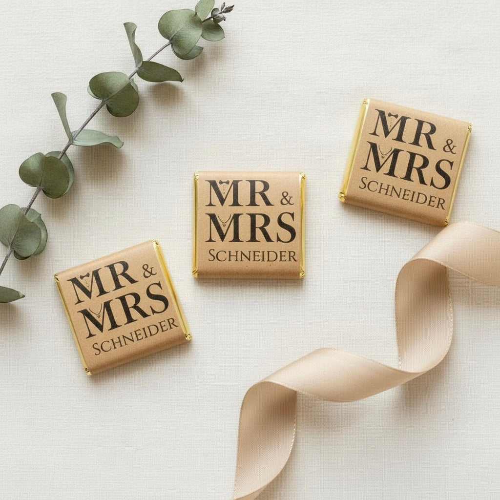 Personalisierte Gastgeschenke zur Hochzeit | Schokolade Mr und Mrs + Name in Kraftpapier braun mit gold