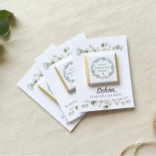Personalisierte Schokolade mit Karte und Eukalyptus Motiv - als Gastgeschenk zur Hochzeit, Taufe, Kommunion oder Konfirmation