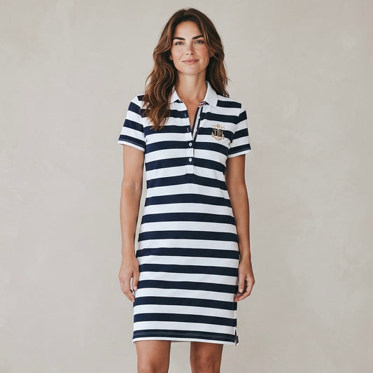 Tommy Hilfiger Polokleid für Damen in Navy und Weiß mit Streifen und Logostickerei.
